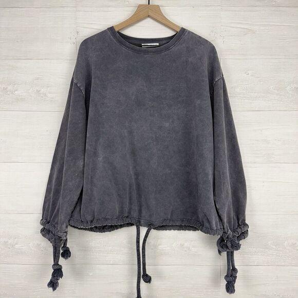 Zara Oversized Distressed Sweatshirt Women L Relaxed Grey Drawstring Crew Neck - Picture 1 of 14